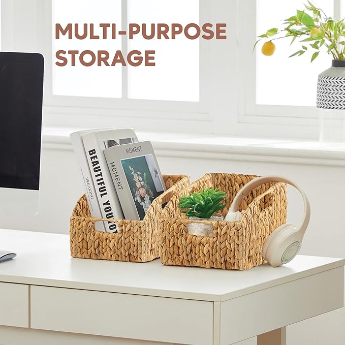 Greenatural Water Hyacinth Storage Baskets Set of 2, Handwoven Rectangular Organizer Trays with Built-in Handles in 2 Sizes, Nested Wicker Bins for Shelf, Bathroom, Kitchen, Office, Natural Decor