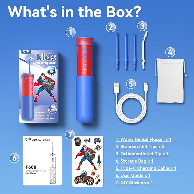 JTF Kids Water Dental Flosser: Rechargeable Portable Oral Irrigator with 4 Flossing Modes 230ml Tank 4 Tips Travel Bag Waterproof Stickers, Cordless Electric Flossers for Teeth Gum Braces Care, Age 6+