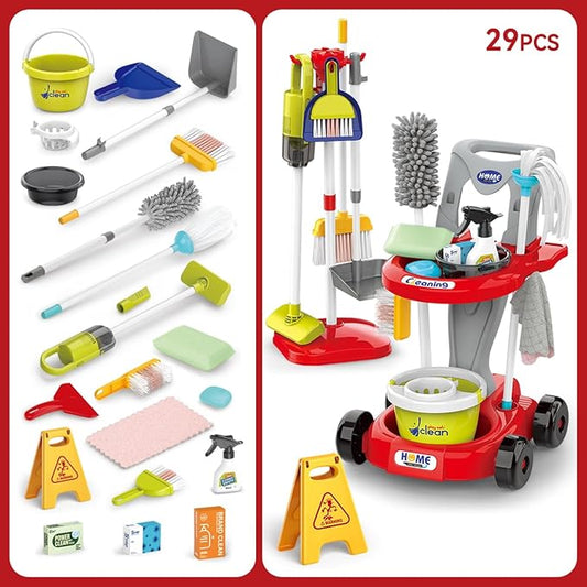 Toddler Cleaning Set，Kids Cleaning Toy Set，New 29-Piece Detachable Kids Cleaning Set for Toddlers - Pretend Play Educational Cleaning Carts (red)