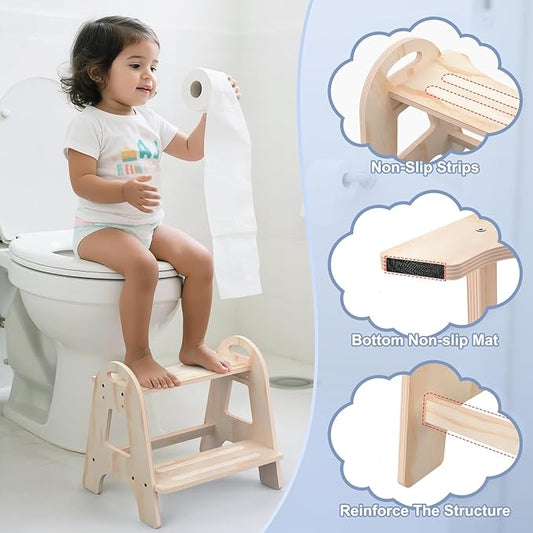 Potty Training Toilet, Selucky Wooden Height-Adjustable 2-Step Stool for Toddler Kids, Portable Potty Chair with Anti-Slip Pad
