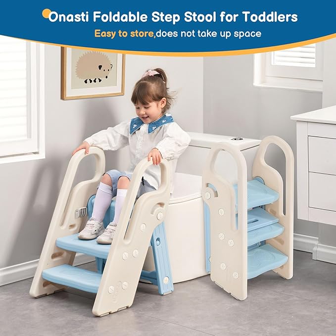 Onasti Foldable Toddler Step Stool for Bathroom Sink, Adjustable 3 Step Stool for Kids Toilet Potty Training Stool with Handles, Child Kitchen Counter Stool Helper, Plastic Ladder for Toddlers Blue