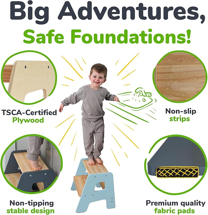 OCODILE 2-Step Wooden Step Stool for Toddlers | Kids Stool for Bathroom Sink & Kitchen Use | Non-Slip Step | Wooden Stool for Children Ages 2+ Years Blue