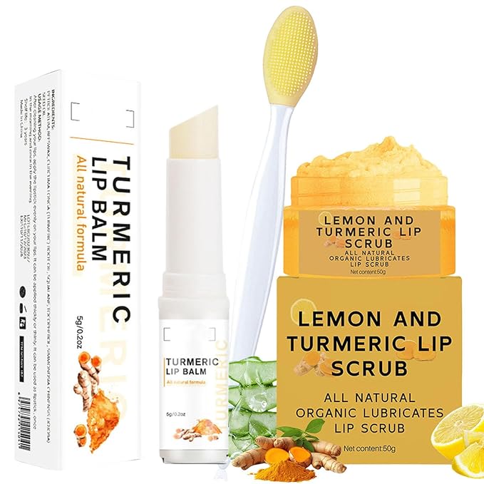 Turmeric Lemon Lip Scrub and Turmeric Lip Balm for Dark Lips to Lighten with Brush Set, 3PCS Lips Scrubber Exfoliator & Blam, Natural Exfoliator & Moisturizer for Dry, Chapped, Reduce Fine Lines