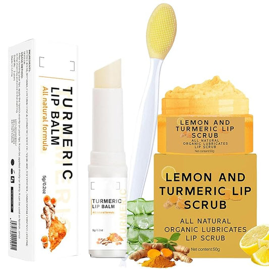 Turmeric Lemon Lip Scrub and Turmeric Lip Balm for Dark Lips to Lighten with Brush Set, 3PCS Lips Scrubber Exfoliator & Blam, Natural Exfoliator & Moisturizer for Dry, Chapped, Reduce Fine Lines