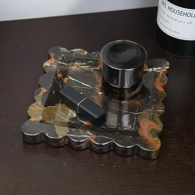 Square Marble Decorative Tray with Scalloped Edge, Luxury Natural Stone Bathroom Vanity Tray, Dresser Top Perfume Coffee Home Kitchen Sink Tray, Key Trinket Ring