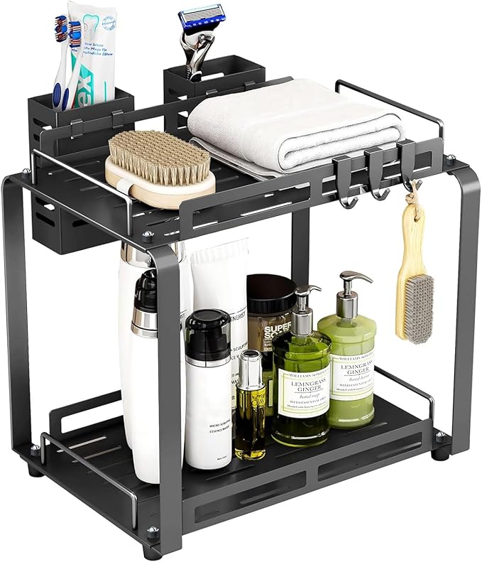 junyuan Large Bathroom Organizer Countertop,2 Tiered Organizer Shelves with Toothbrush Holders,Bathroom Counter Storage Rack with Basket and Hooks Metal Black