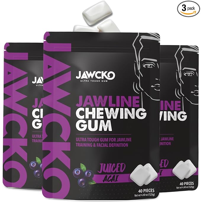 JAWCKO Ultra-tough Jawline Chewing Gum | Get a Stronger, Squarer Jawline | Juiced Acai Jaw Training Hard Gum | Chisel, Sculpt, Tone your Jaw | 15X Hardness | Facial Fitness Mewing Gum | 40 Pieces/Pack