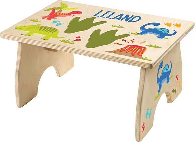 Dinosaur Step Stool for Toddlers- BloomOwl Personalized Wood Kids Step Stool with Name for Kitchen Sink, Bathroom, Potty Training, Toilet, Kitchen Sink- Sturdy and Safe- Made in USA (Dinosaur)