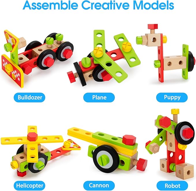 Kids Tool Set Toy with Drill, Stem Montessori Toys for 3 4 5 Years Old Boy Girl, 44 Pcs Wooden Toddler Tool Kits Inc Box, Learning Educational Construction Toy