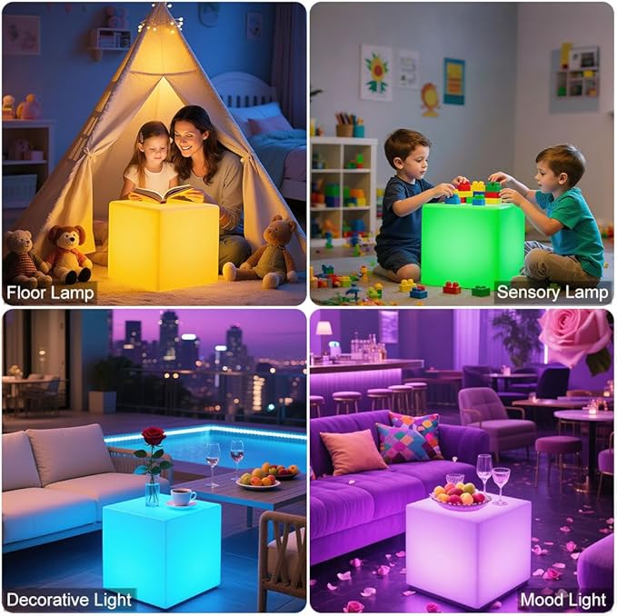 LED Cube Chair for Kids, 14-Inch RGB Color Changing LED Cube Seat w/Remote, Versatile Lighted Up Modern Side Table Glowing Nightstand Soothing Mood Light for Bedroom Living Room Patio, Fun & Practica