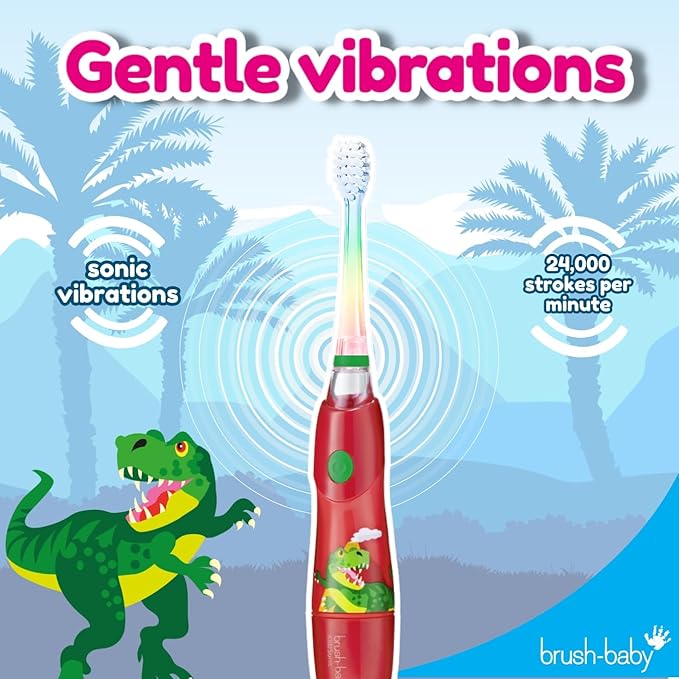 brush-baby - KidzSonic Dinosaur Kids Electric Toothbrush for Ages 3+ with Disco LED Lights, Gentle Sonic Vibrations, 2-Minute Smart Timer & 30‑Second Pulse Reminders – AAA Battery Included