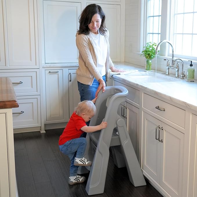 Simplay3 Toddler Tower, Montessori Folding Kids Step Stool for Kitchen, Bathroom, 34” x 21.5" x 20”, Ages 18 Months to 4 Years, Gray