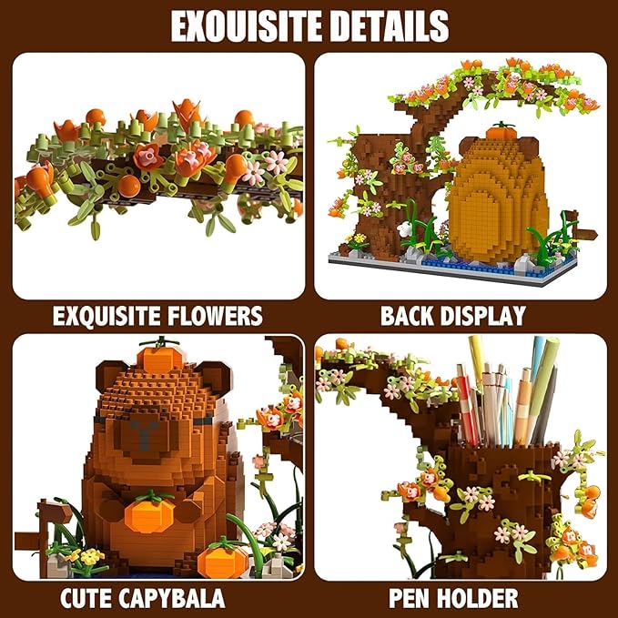 Capybara Building Blocks Set -1880PCS Cute Animals & Flowers Building Bricks Kit Kawaii Capybara Gifts Toy for Kids Age 12+, Capybara Stuff Pen Holder&Desk Organizer, Arts &Crafts for Boys Girls Adult