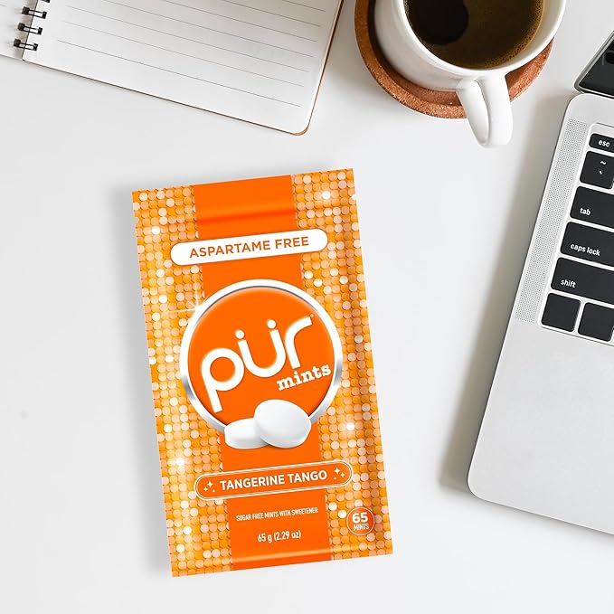 PUR Mints | Aspartame Free Breath Mints | Made with Xylitol | Sugar Free, Vegan, Gluten Free | Natural Tangerine Tango Flavor | 65 Pieces in Re-Sealable pouch (Pack of 1)