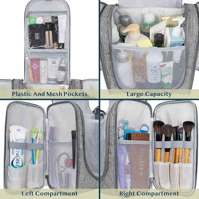 PAVILIA Extra Large Toiletry Bag Travel Bag for Women Men, Hanging Cosmetic Organizer, Water Resistant Makeup Bag for Accessories Toiletries, Travel Essentials Kit (Grey)