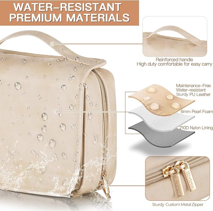 Elviros Hanging Travel Toiletry Bag for Women,3-in-1 Large Makeup Bag and Cosmetic Organizer,Vegan Leather Waterproof Skincare Case for Travel Size Toiletries and Accessories,Gift for Women