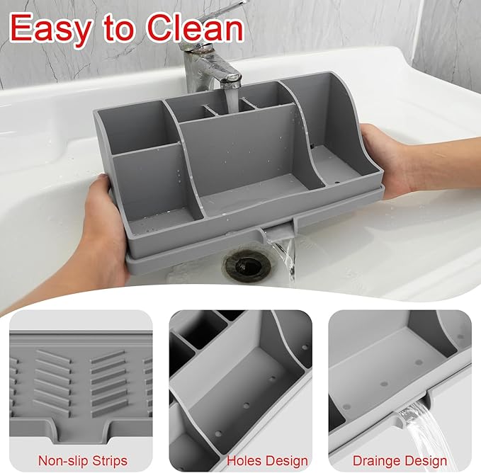 Large Silicone Bathroom Toothbrush Holder with Drainage, Electric Family Size Toothbrush Holder 7 Slots Countertop Toothpaste Holder Stand Organizer for Kids and Adult, Grey