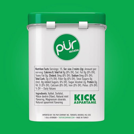 PUR Mints | Aspartame Free Mints | Made with Xylitol | Sugar Free, Vegan, Gluten Free & Keto Friendly | Natural Spearmint Flavored Mints, 30 Pieces (Pack of 2)
