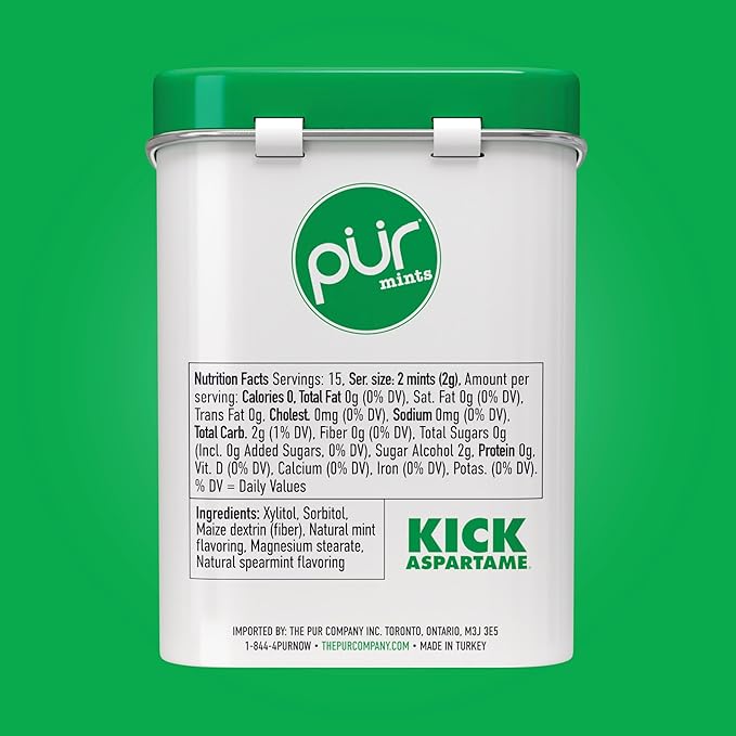 PUR Mints | Aspartame-Free | Made with Xylitol | Sugar-Free, Vegan, Gluten-Free & Keto Friendly | Natural Spearmint Flavor, 30 Pieces (Pack of 12)