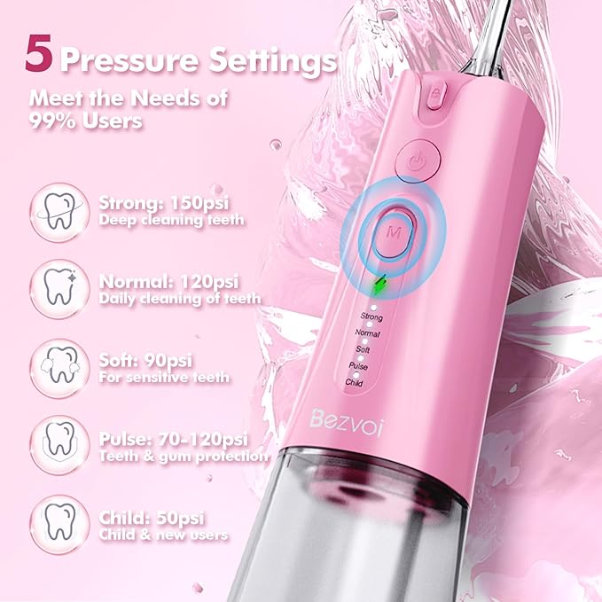 Water Flosser Teeth Pick: 5 Modes Cordless Water Dental Floss 300ML Portable Rechargeable IPX7 Waterproof Electric Water Flossing Cleaning Picks with 6 Jet Tips Oral Irrigator Cleaner, Pink