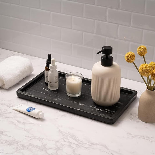 Cork & Mill Black Marble Tray for Bathroom Countertop, Kitchen Counter, or Catchall - 13" x 7½" Large Vanity Tray for Skincare or Perfume - Handcrafted Natural Marble Stone Organizer