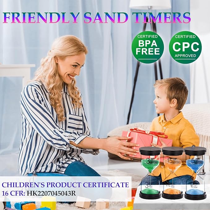 Hourglass Sand Timers 1/3/5/10/15/30 Minutes, Colorful Sand Clock for Kids, Mini Plastic Sand Watch for Games Classroom, Small Glass Sandglass Timer Set (Pack of 6)