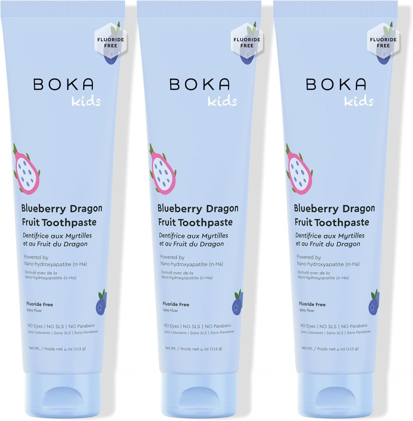 Boka Fluoride Free Toothpaste Nano Hydroxyapatite Toothpaste - Blueberry Dragon Fruit Flavor, 4 oz 3Pk US Manufactured