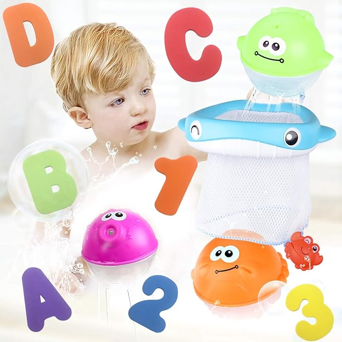 Bath Toy Sets, 36 Foam Bath Letters and Numbers, Floating Squirts Animal Toys Set with Fishing Net and Organizer Bag, Fish Catching Game for Babies Infants Toddlers Bathtub Time
