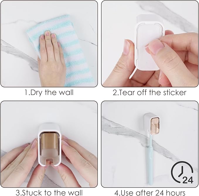 2 Pack Toothbrush Holders for Bathrooms Shower, Wall Mount Toothbrush Organizer with Cover, Self Adhesive Electric Toothbrush Storage, Quick Dry Toothbrush Hanger (Grey & Orange)