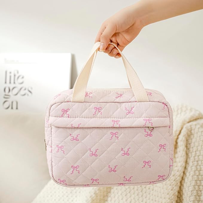 Large Size Quilted Coquette Makeup Bag, Cute Preppy Floral Cotton Travel Cosmetic Organizer Bag with Top Handle, Multi-Layer Travel Toiletry Pouch for Girls(06Small Pink Bow)