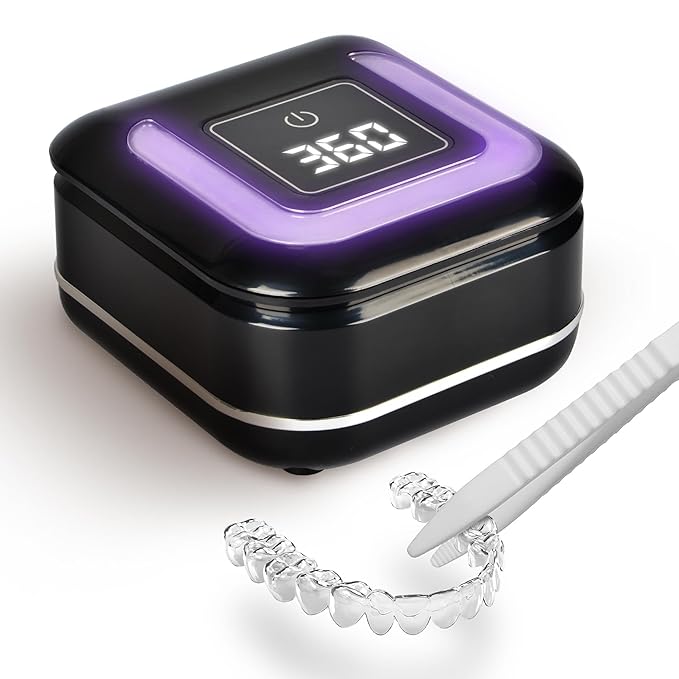 Ultrasonic Retainer Cleaner Machine with 2 Digital Timer, U-V Dental Cleaning Pod with Viewing Port,180ml Portable Denture Cleaner for Mouth Guards, Night Guards, Aligners, Brace, Jewelry, 42kHz Black