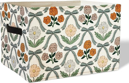 Coquette Blue Bow Floral Rectangular Storage Basket Organizer Bin Box with Handles,Girls Room Decorative Storage Baskets Toybox for Girls Room Dorm Bedroom Bathroom Clothes Toys Books