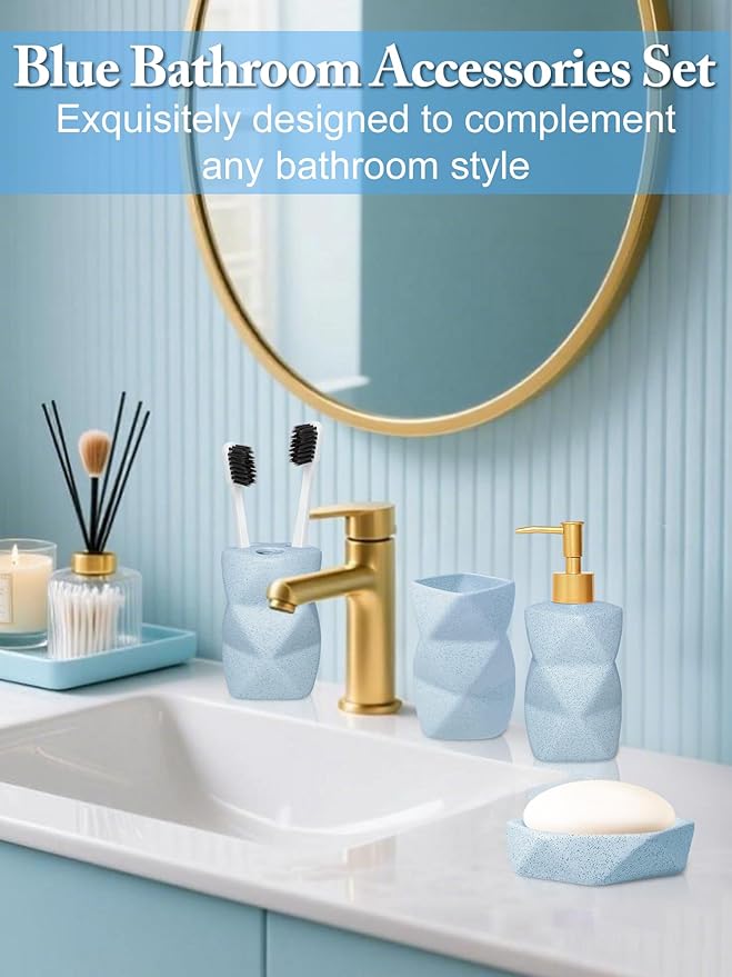Bathroom Accessories Set,4 Pcs Bathroom Accessory Set,Includes Lotion Soap Dispenser,Toothbrush Holder,Tumbler,Soap Dish,Ceramic Bathroom Sets Complete,Bathroom Sink Set for Modern Home Decor(Blue)