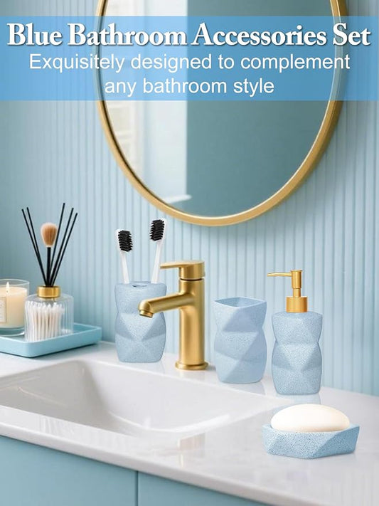 Bathroom Accessories Set,4 Pcs Bathroom Accessory Set,Includes Lotion Soap Dispenser,Toothbrush Holder,Tumbler,Soap Dish,Ceramic Bathroom Sets Complete,Bathroom Sink Set for Modern Home Decor(Blue)