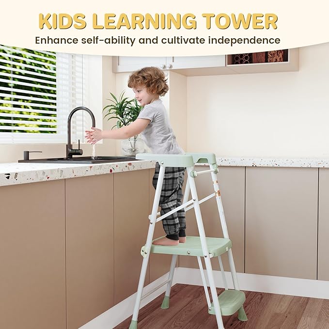 HBTower Kids Step Stool 2 Steps, Toddler Tower for Kitchen Counter Learning, Toddler Kitchen Stool Helper with Anti-Drop Safty Railing Kids Standing Folding Stepper, Green