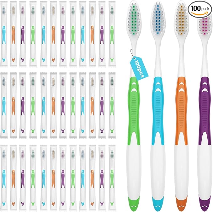100 Pack Individually Wrapped Bulk Toothbrushes for Adults & Kids, Disposable Tooth Brush, Medium Soft Bristles for Travel, Donations, Hotels
