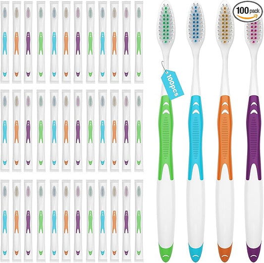 100 Pack Individually Wrapped Bulk Toothbrushes for Adults & Kids, Disposable Tooth Brush, Medium Soft Bristles for Travel, Donations, Hotels