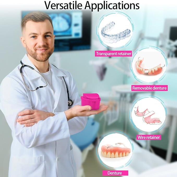 2 Pack Colors Denture Bath Case Cup Retainer Cleaner Holder Case False Teeth Soaking Container Dental Bath Storage Box Case with Strainer Basket and Brush - Rose Red & Black