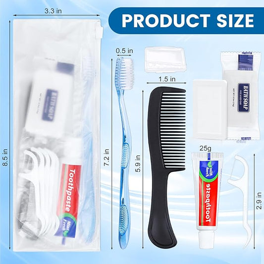 100 Sets Personal Hygiene Kit Basic Toiletry Kits Homeless Supplies Bulk for Women,Men,Travel,Charity,Business Include 100 Toothbrush,100 Toothpaste,100 Comb,100 Bath Soap,500 Floss Pick