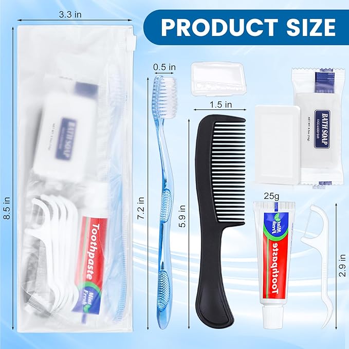 50 Sets Personal Hygiene Kit Basic Toiletry Kits Homeless Supplies Bulk for Women,Men,Travel,Charity,Business Include 50 Toothbrush, 50 Toothpaste, 50 Comb, 50 Bath Soap and 250 Floss Picks