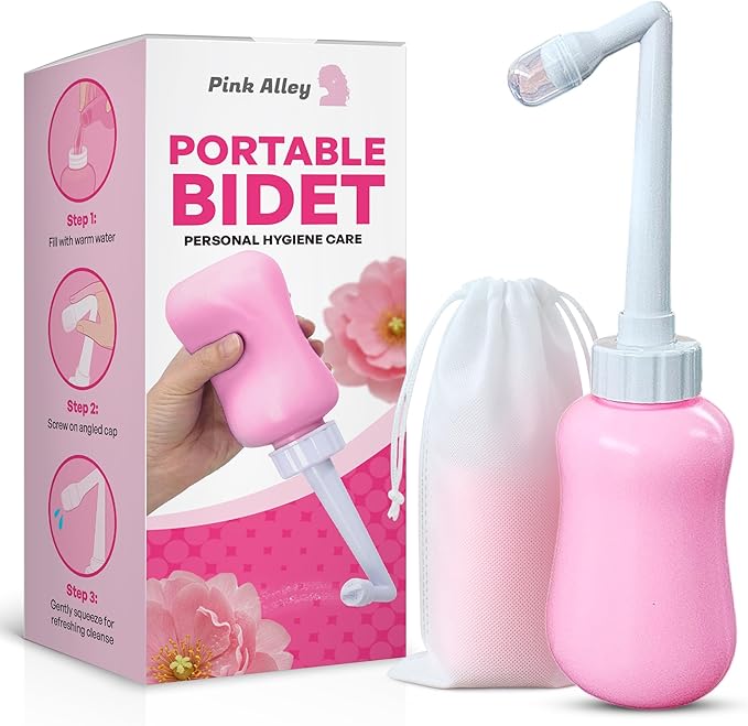 Portable Bidet Bottle for Women - Personal Upside Down Peri Bottle for Feminine Hygiene, Postpartum & Period Care with Angled Sprayer & Storage Bag - Perfect for Travel & New Moms (10 oz)