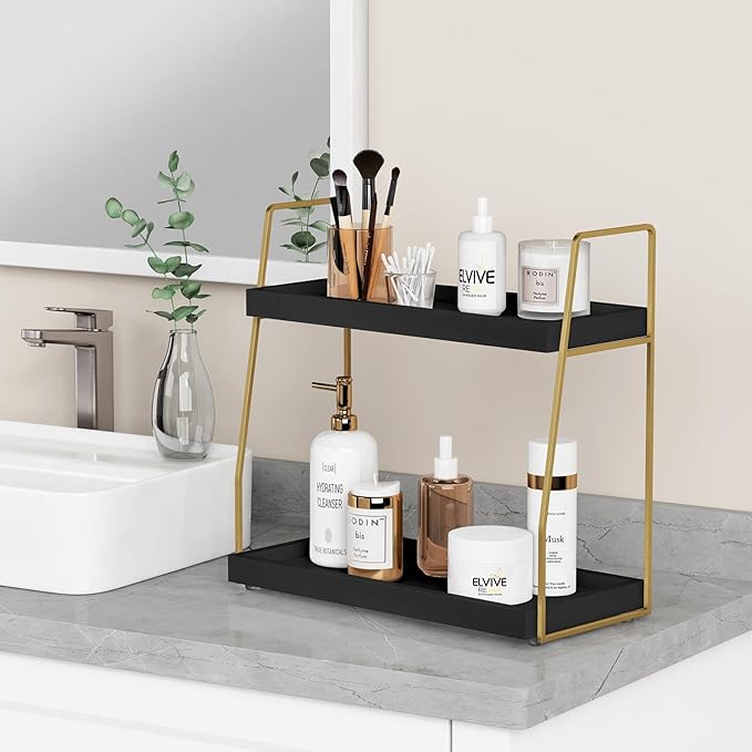 Forbena Black and Gold Bathroom Organizer Countertop, 2 Tier Counter Organizer for Bathroom Decor, Modern Sink Shelf Organizers for Vanity Storage, Make upTray for Makeup Bedroom