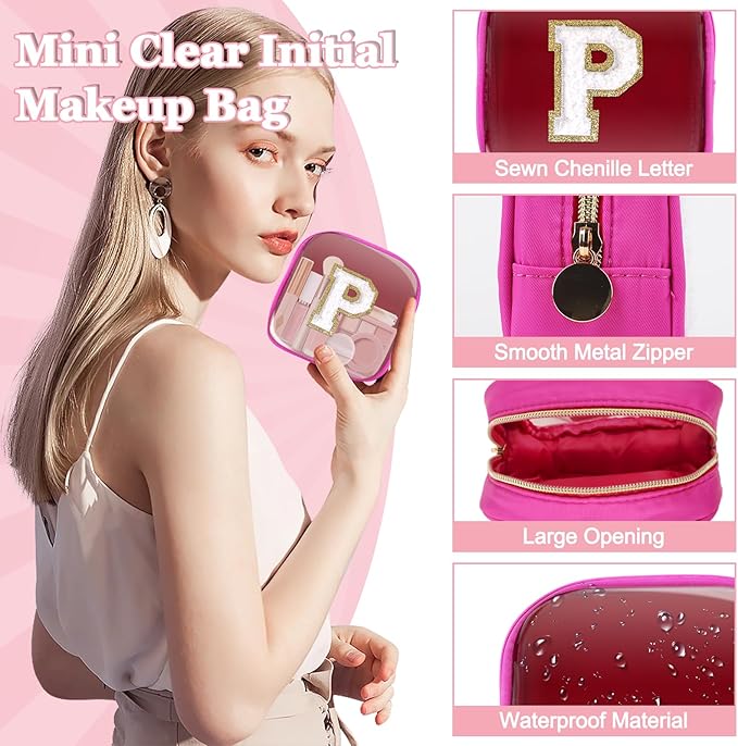 Mini Clear Personalized Initial Makeup Bag,Small Nylon Waterproof Zip Beach Cosmetic Pouch,Preppy A-Z Chenille Letter Patch Cute Coin Purse Travel Toiletry Bag Car Pack Bag for Women(Hot Pink-White P)
