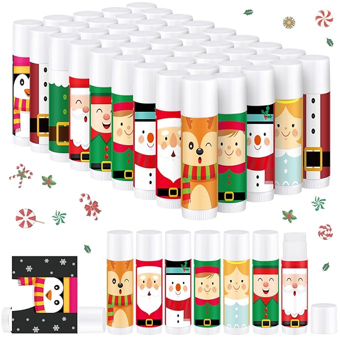 Dunzy 50 Pcs Lip Balm in Bulk Gift Set Moisturizing Lip Moisturizer Christmas Party Baby Shower Favors Christmas Party Gifts with Assorted Fruit Flavors for Women Men Dry Chapped Lips Gifts