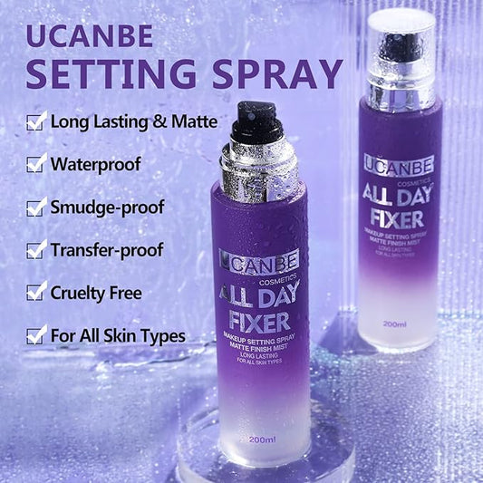 Long Lasting Makeup Setting Spray Kit- 6.76 Fl oz Hydrating Matte Finish Mist Lightweight Face Make up Fixer +Travel Size Spray Bottle+Sponge Puff Makeup Set