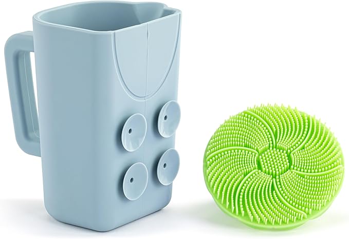 DEMDACO Love to Play Collection Baby Bath Rinse Cup and Silicone Scalp Scrubber Set - Gentle Hair Washing Aid for Infants & Toddlers Soft Silicone Kids' Brush & Ergonomic Rinse Pitcher, Green