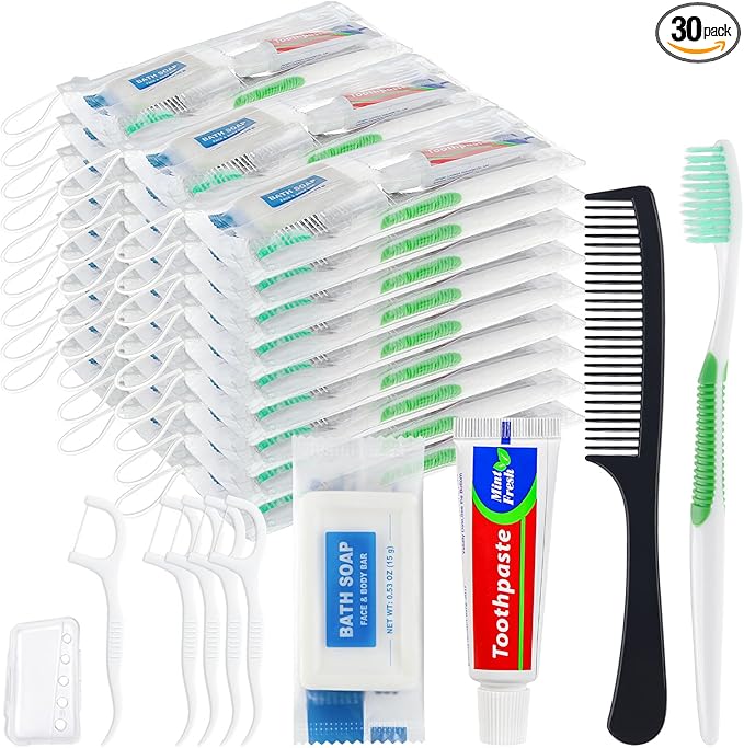30 Set Personal Care Travel Toiletries Sets Bulk,7-in-1 Disposable Toothbrushes with Toothpaste and Floss,Comb,Soap,Cover,Zip Bag Toiletry Travel Toothbrush Kit for Homeless,Hotel,Charity
