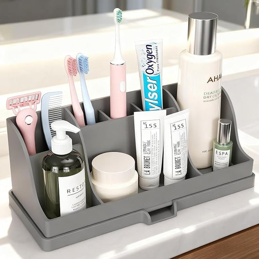 Large Silicone Bathroom Toothbrush Holder with Drainage, Electric Family Size Toothbrush Holder 7 Slots Countertop Toothpaste Holder Stand Organizer for Kids and Adult, Grey