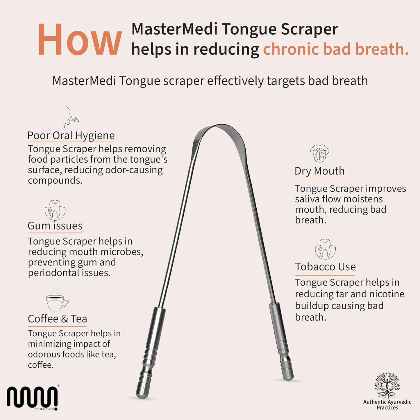 MasterMedi Tongue Scraper for Adults, 100% Stainless Steel Tongue Scrubber for Bad Breath, Easy to Use, Tongue Cleaner for Oral Care & Hygiene (SS Pack of 3)