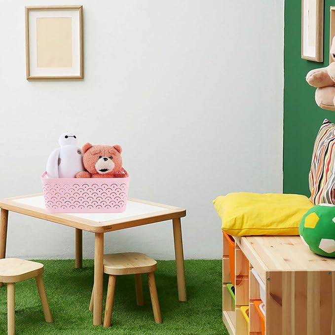 STARVAST 5 Pack Plastic Storage Baskets, Portable Pink Fish Scale Pattern Hollow Desktop Storage Bin Box with Handle for Kitchen, Bathroom, Kids Room or Nursery Storage – 9.4 x 7.1 x 4.1 inches